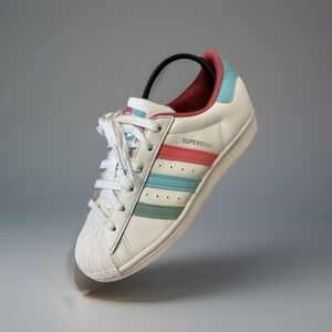 Adidas Superstar Sneakers White Pink Blue Stripes Youth 6.5 Womens 8 Shell Toe